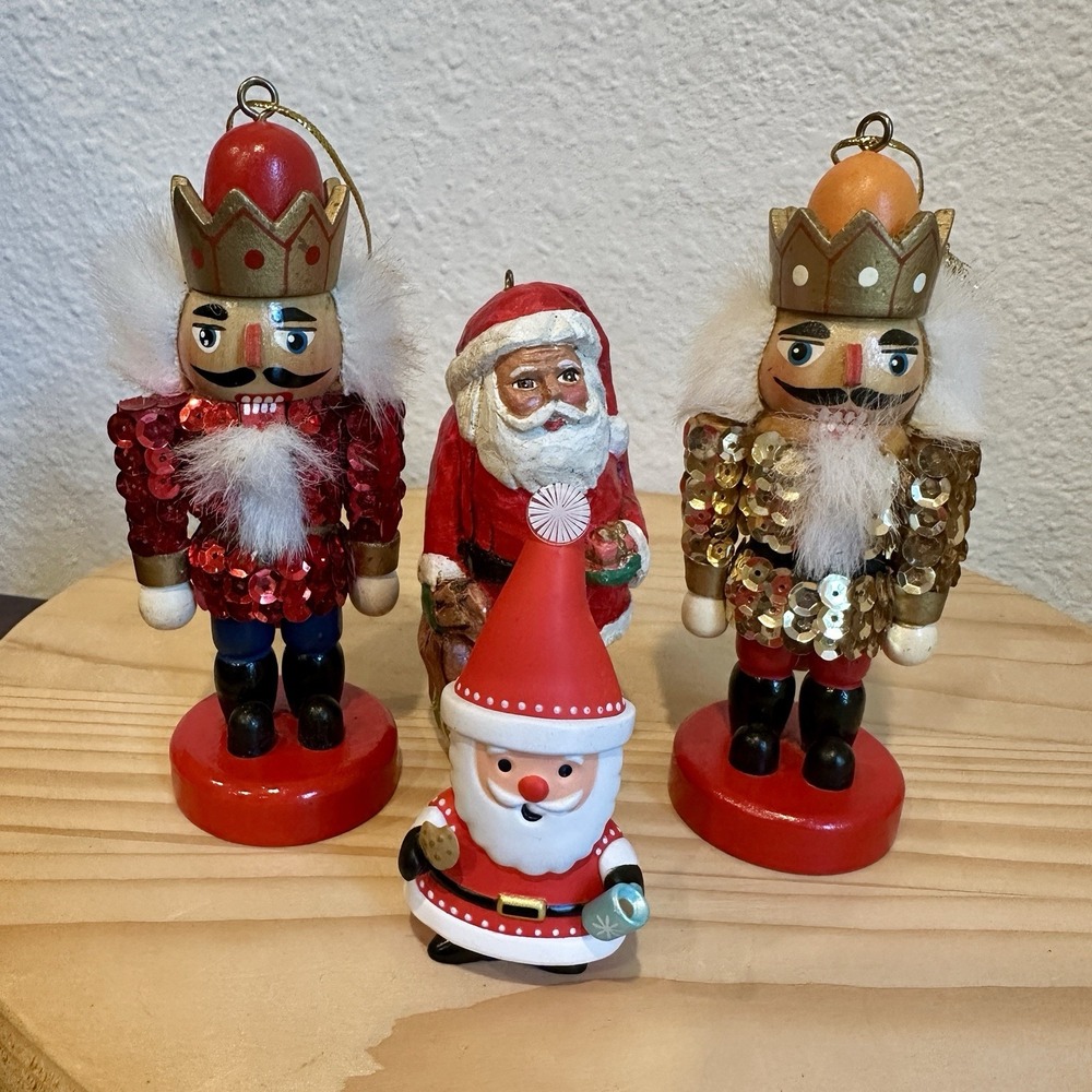 Vintage Set of 4 Christmas Holiday Tree Ornaments 4"-5" Nutcracker Santa Claus